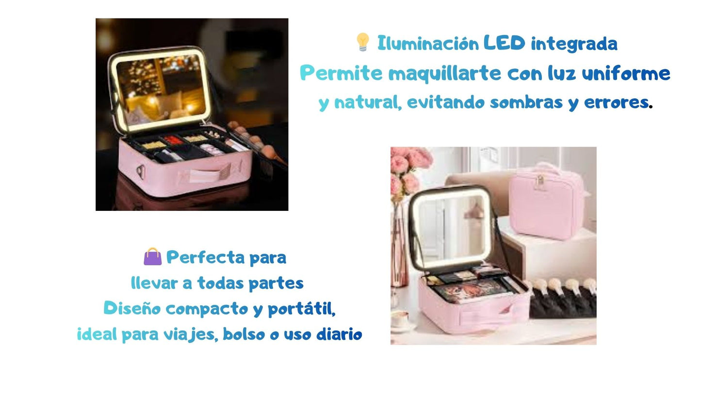 Bolsa de Maquillaje Portátil, con Luz LED y Espejo Ajustable